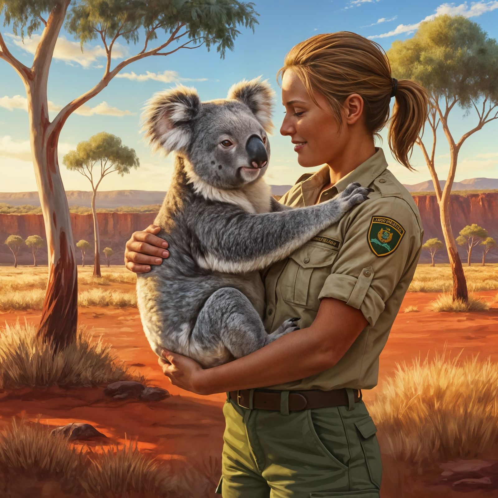Wildlife Ranger Cradles Koala in Outback Golden Hour