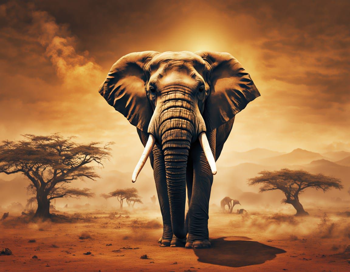 Ethereal Elephant in Whimsical Ochre Steam Landscape