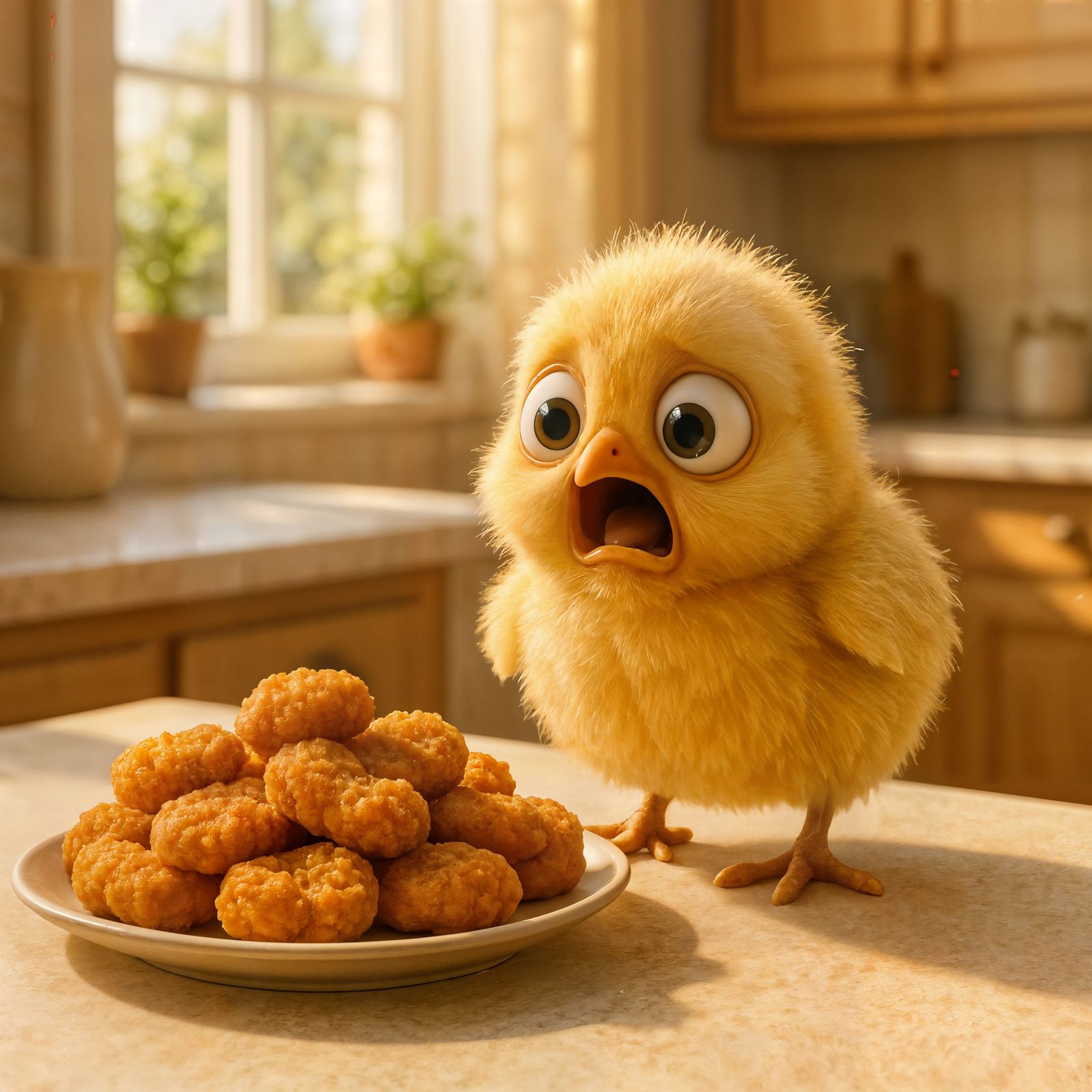 Shocked Chick Stares at Chicken Nuggets