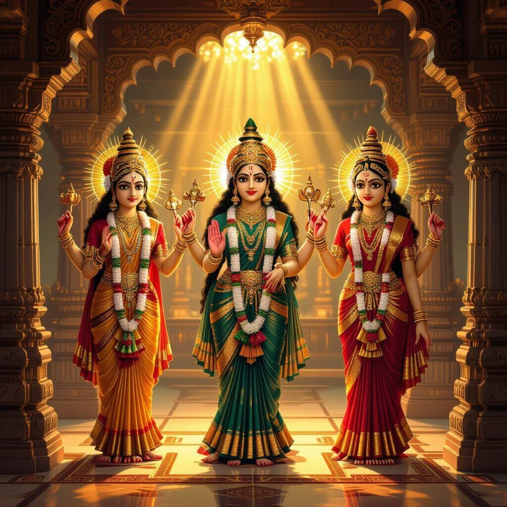 Three Hindu Goddesses in Indian Temple, Folk Art Style