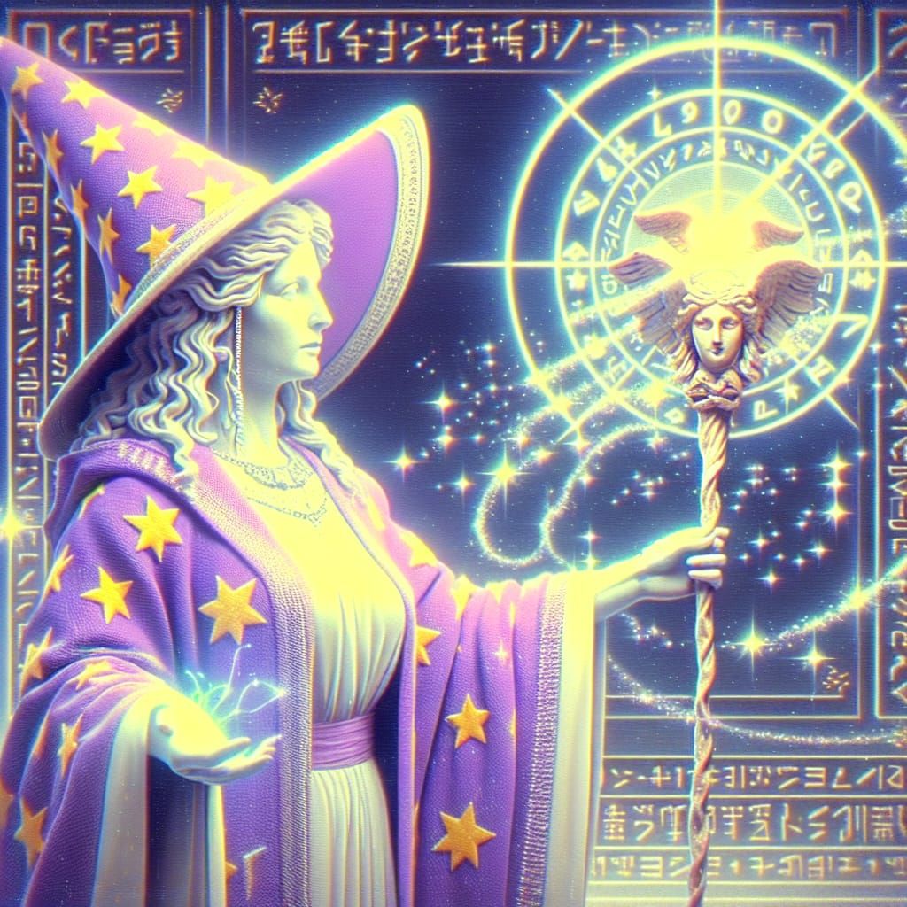 Vaporwave Wizard Emerges from Ancient Portal