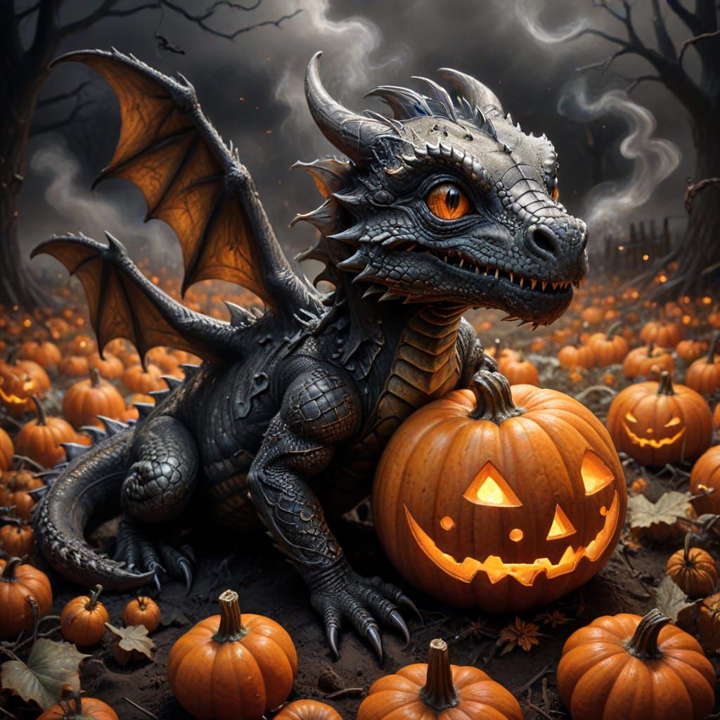 Baby Dragon Emerges From Halloween Pumpkin Patch Charcoal Dr...