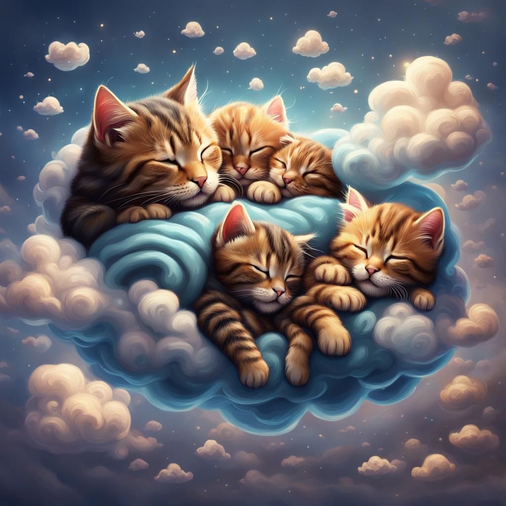 Sleeping Kittens with Mother Cat on a Cloud
