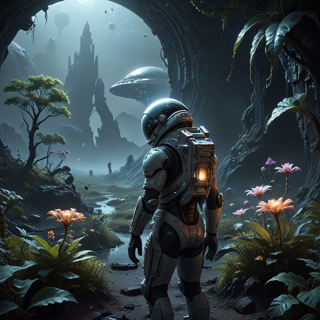 Astronaut Finds Glowing Garden on Alien Moon