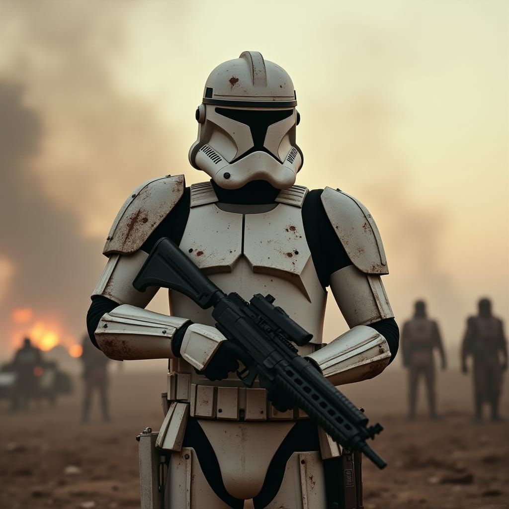 Clone Trooper on Desolate Battlefield in Gritty Realism