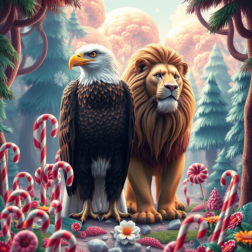 Eagle and Lion in Candyland Forest: Digital Art