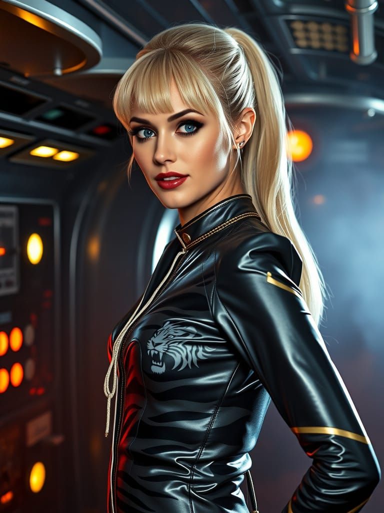 Retro-Futuristic Space Queen in Tiger-Print Jumpsuit