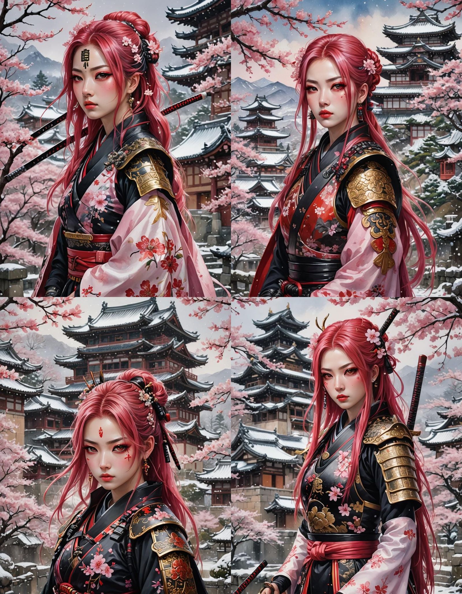 Elegant Samurai Girl with Katanas in Watercolor Style