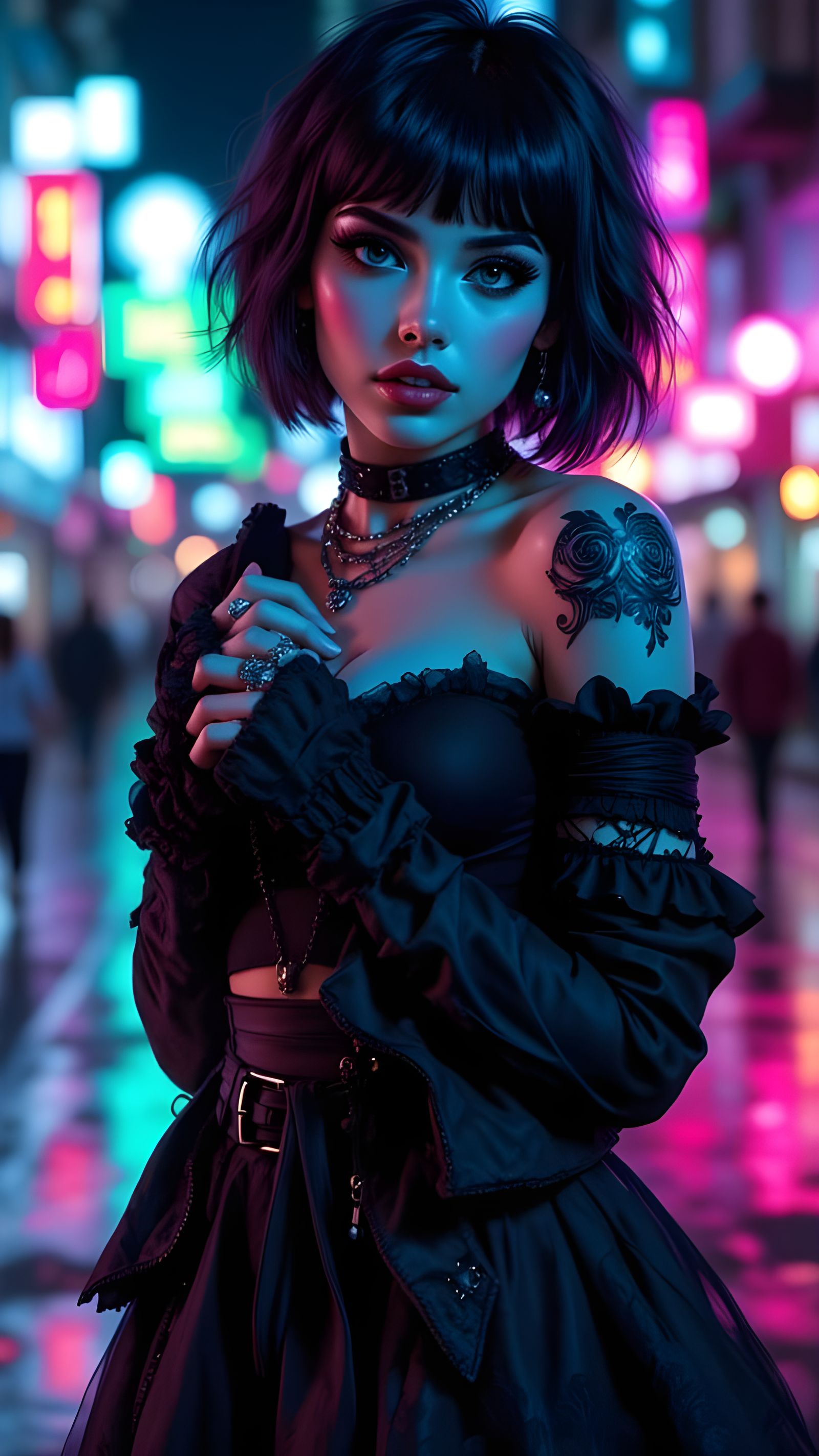 Gothic Lolita in Neon Cityscape, Digital Art