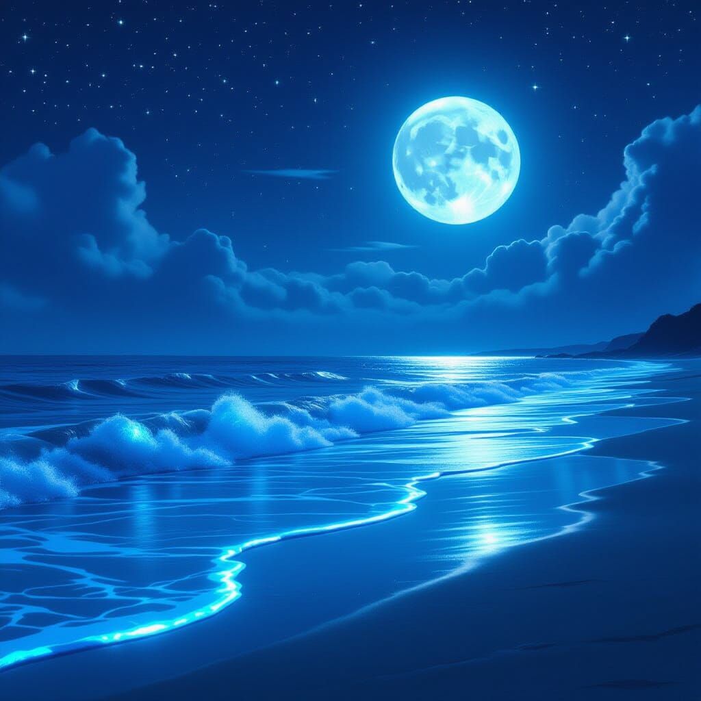 Bioluminescent Shoreline Under Mystical Starry Night