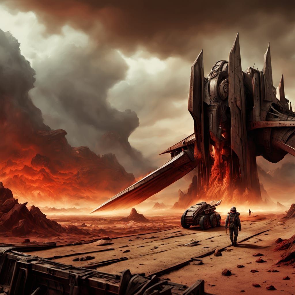 Massive Dieselpunk Blade Fortress Over Blood-Red Wasteland