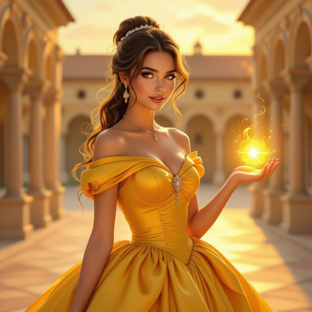 Magical Woman in Courtyard Sunset, Whimsical Digital Art