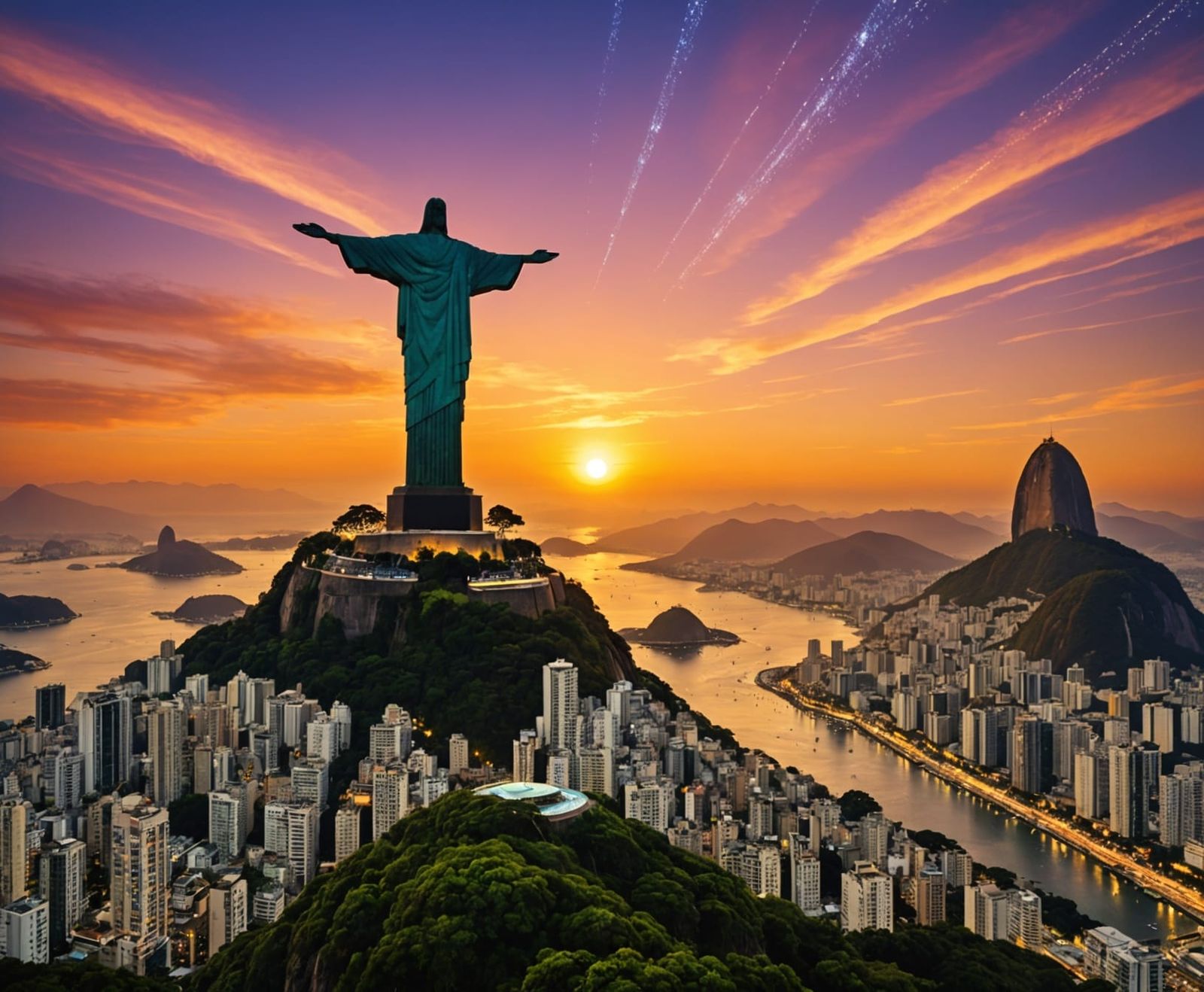 Rio de Janeiro Skyline at Sunset with Christ Redeemer