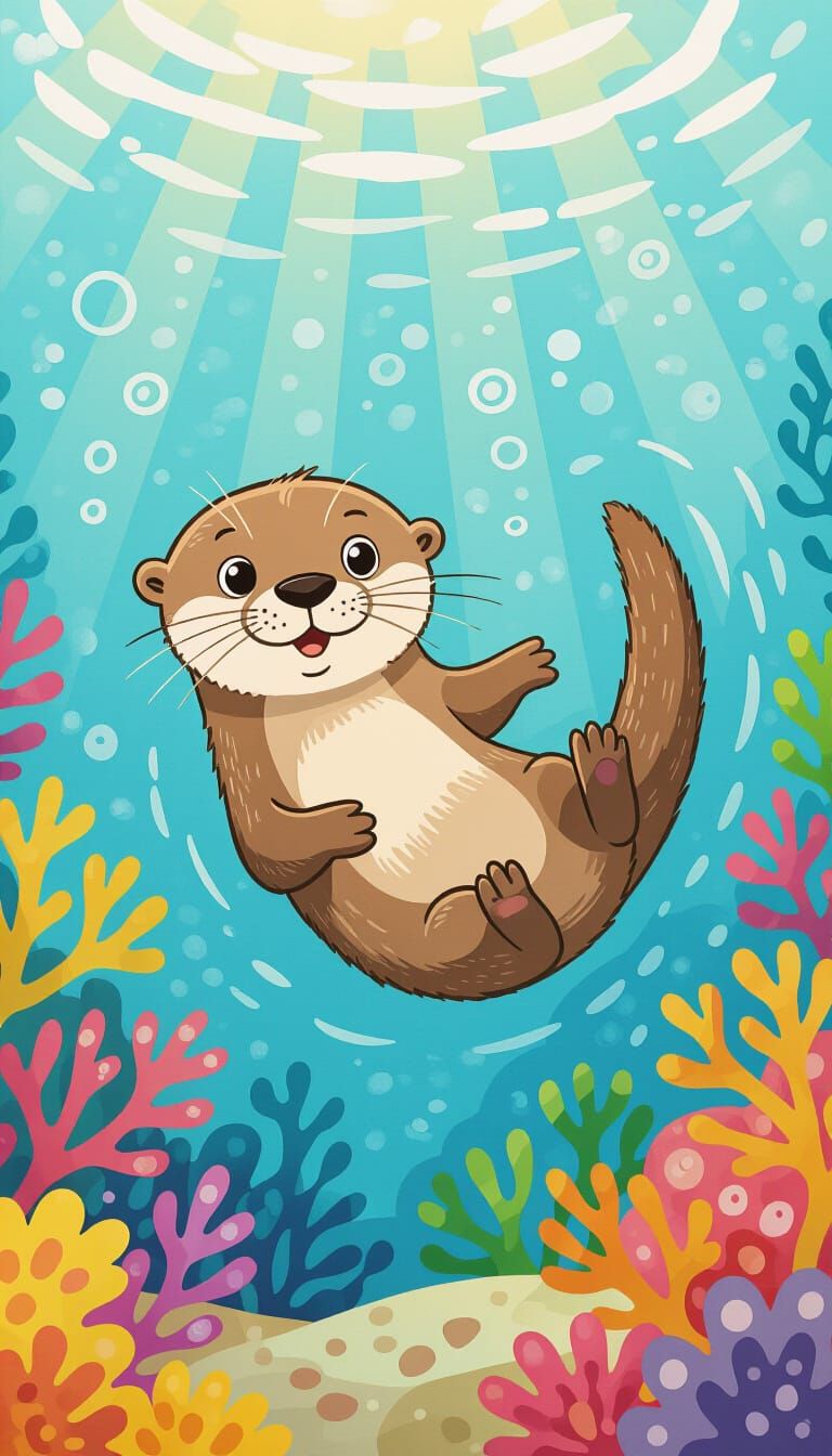 Playful Otter Swimming in a Vibrant Coral Reef