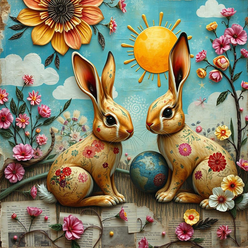 Surreal Collage Bunnies in Whimsical Floral Wonderland