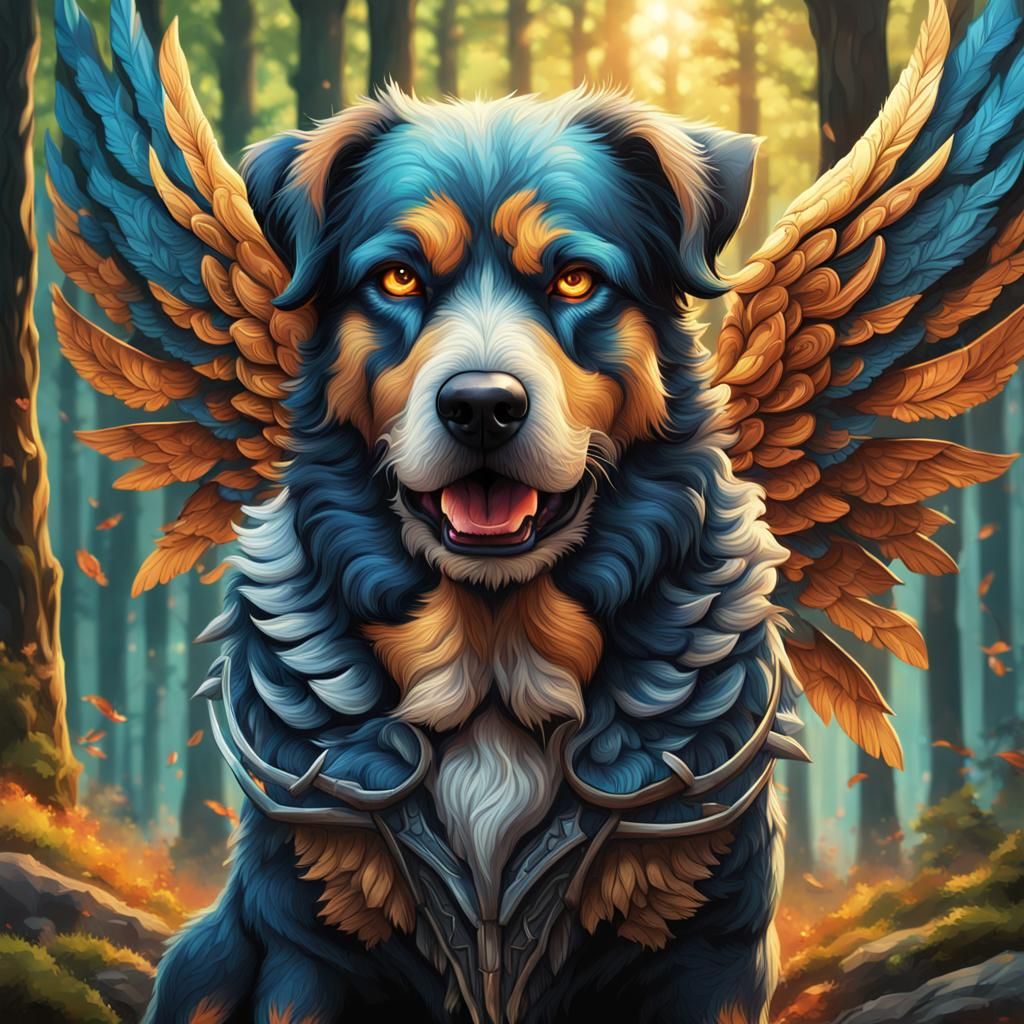 Furious Winged Dog in Celtic Fantasy Forest
