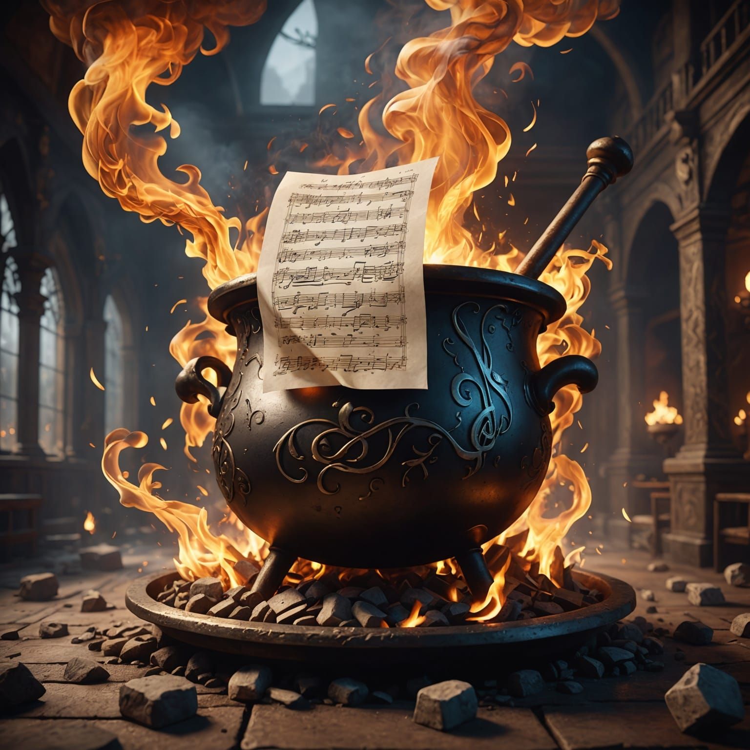 Musical Scroll Wafts Near Smoky Cauldron
