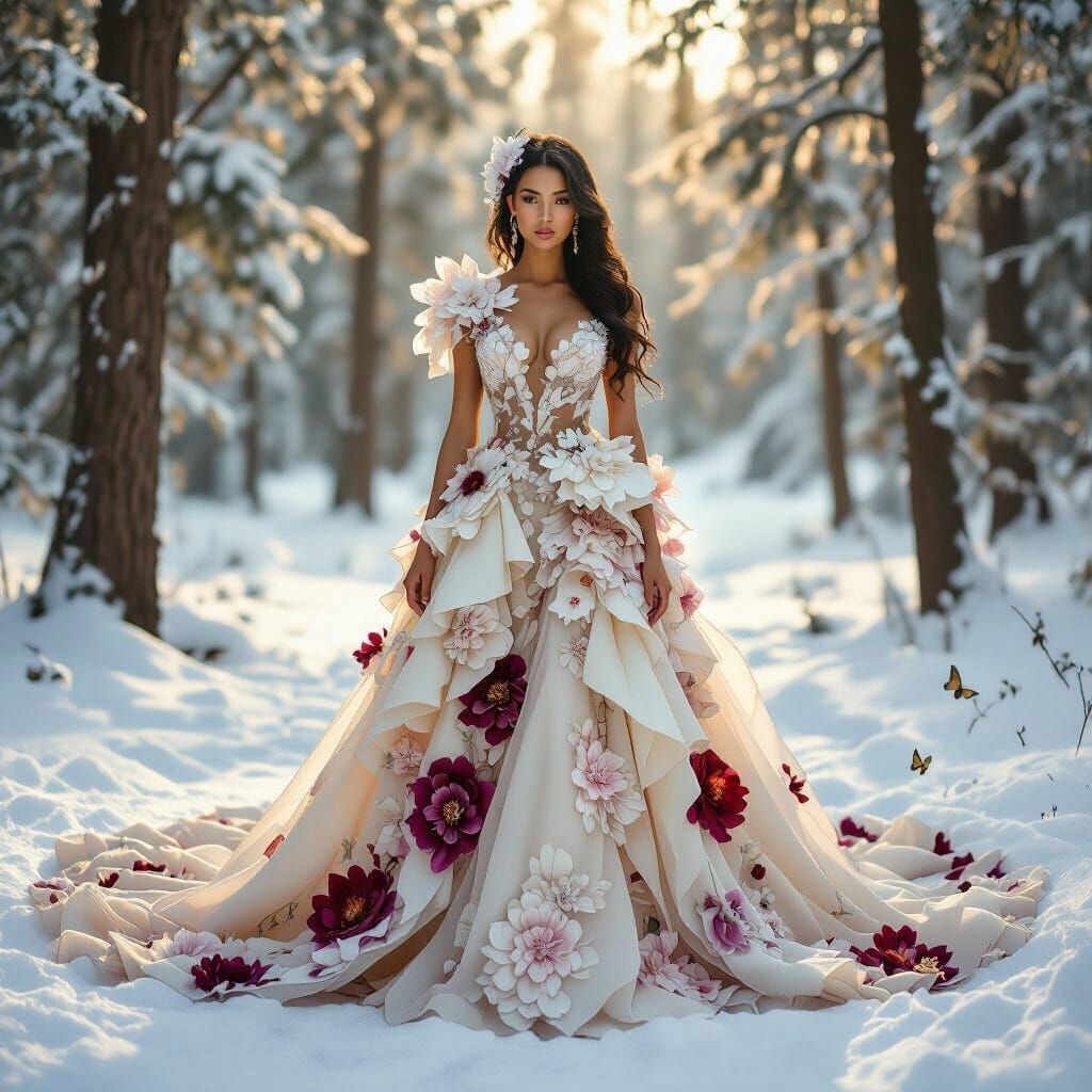 Ethereal Woman in Snowy Forest: Magical Realism