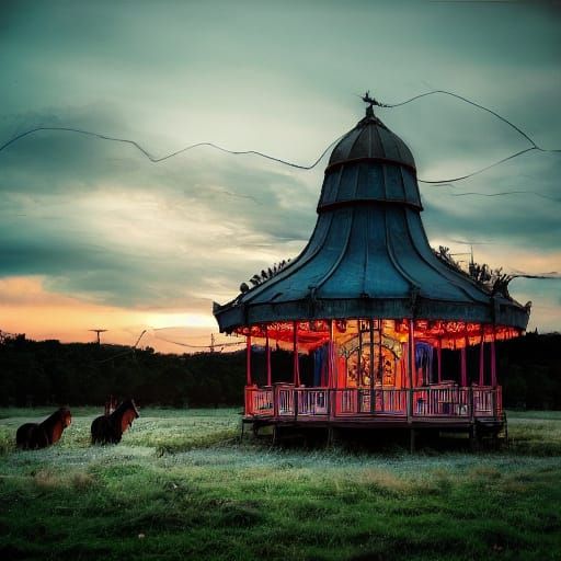 Abandoned Carousel at Twilight in Eerie Amusement Park
