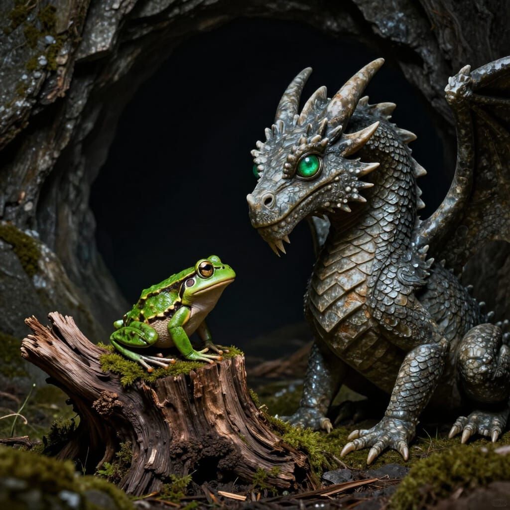 Stone Dragon Watches Frog in Dark Hole