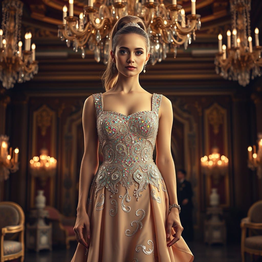 Elegant Woman in Opulent Ballroom Gown with Crystal Collar