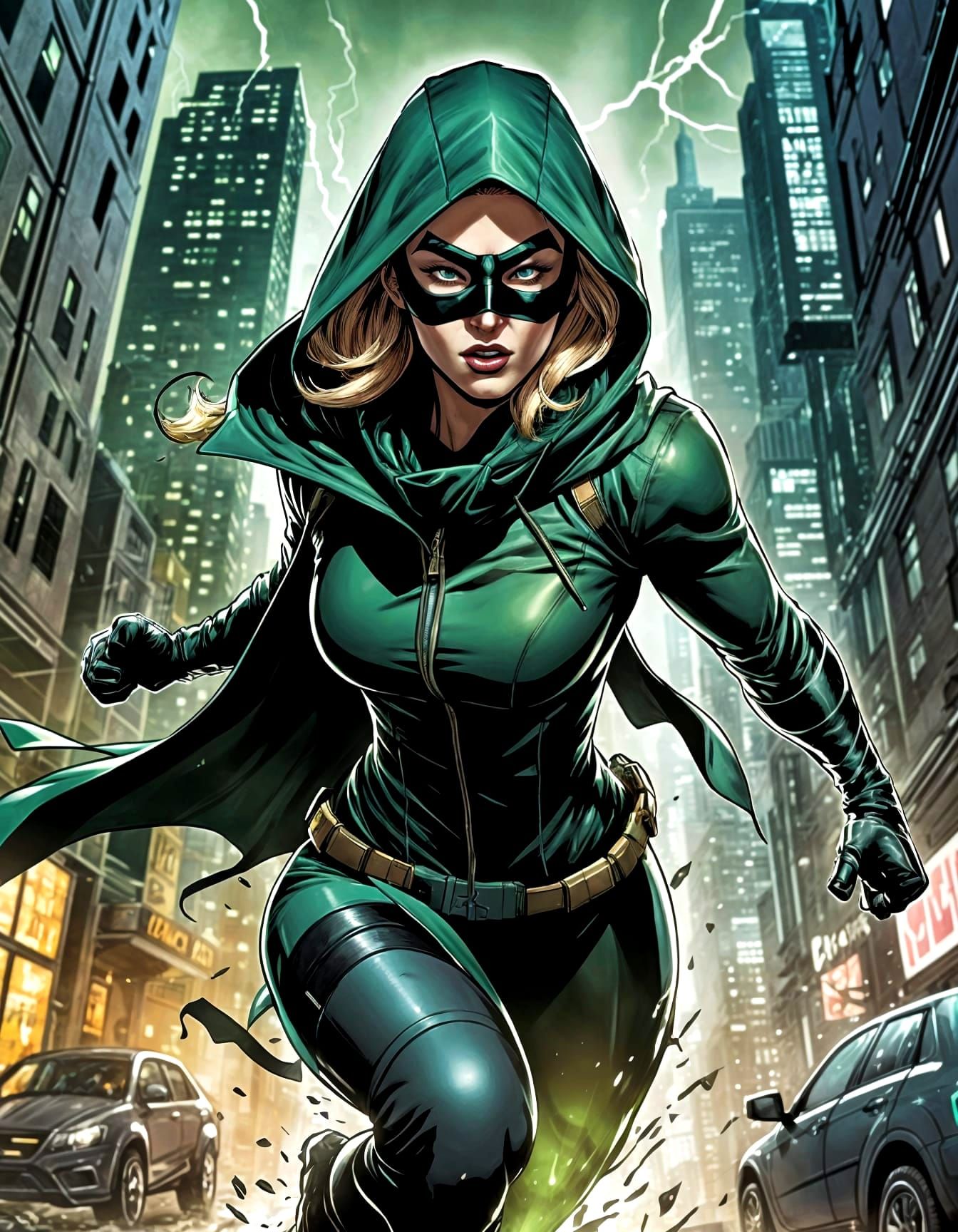 Gritty Futuristic Female Superhero Leaps Through City