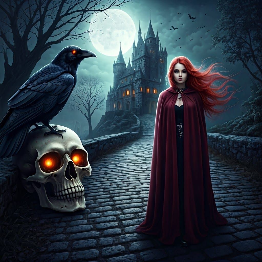 Gothic Woman on Path to Mystical Castle