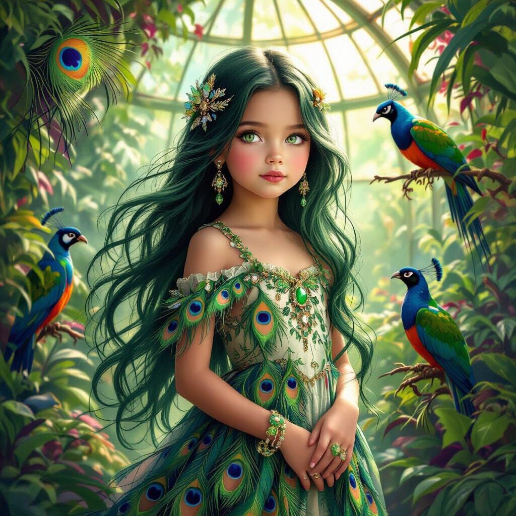 Emerald Girl in Aviary: Fantasy Art with Exotic Birds
