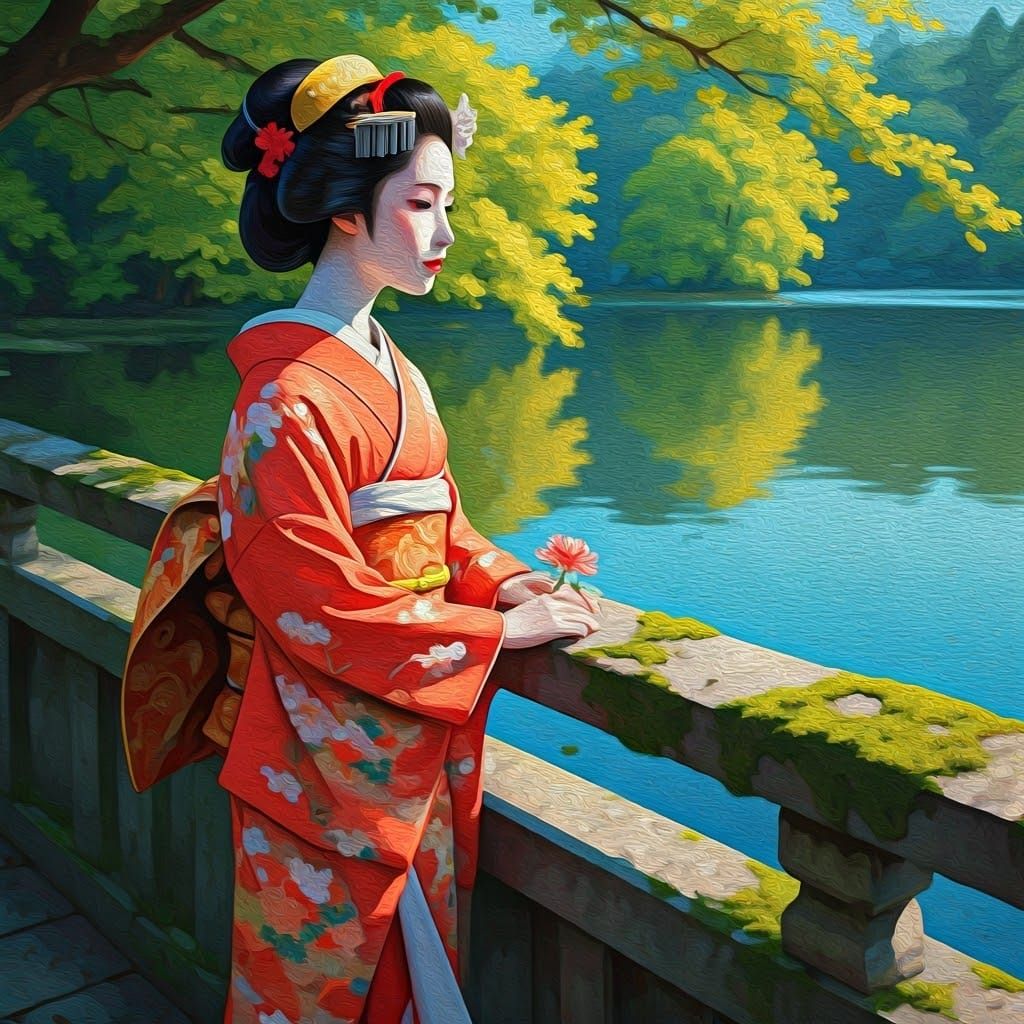 Surreal Folk Art Painting of a Serene Japanese Woman