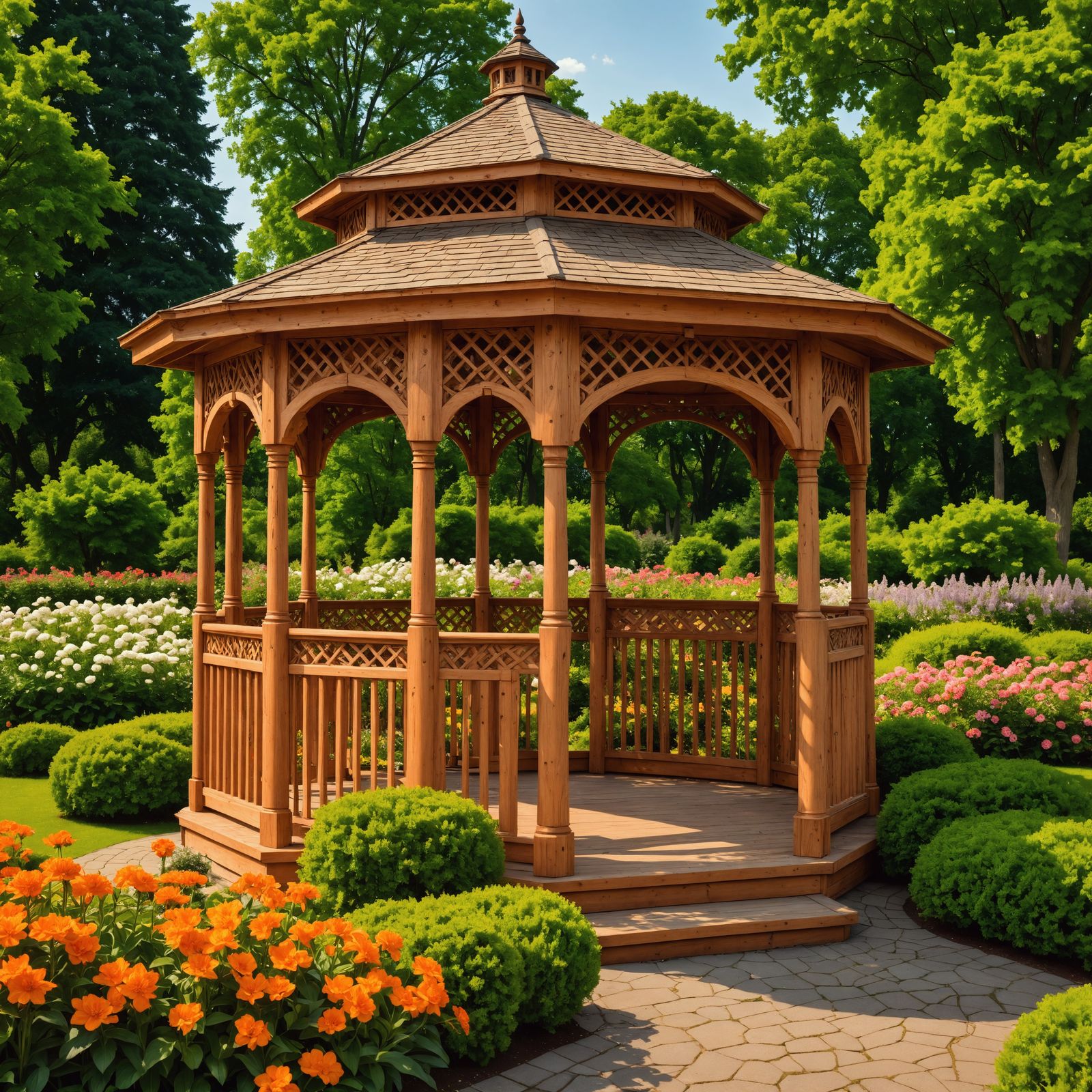 Hyperrealistic Gazebo in Garden Park with Flowers