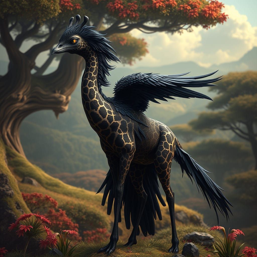 Majestic Crow-Giraffe Hybrid in Vibrant African Savannah