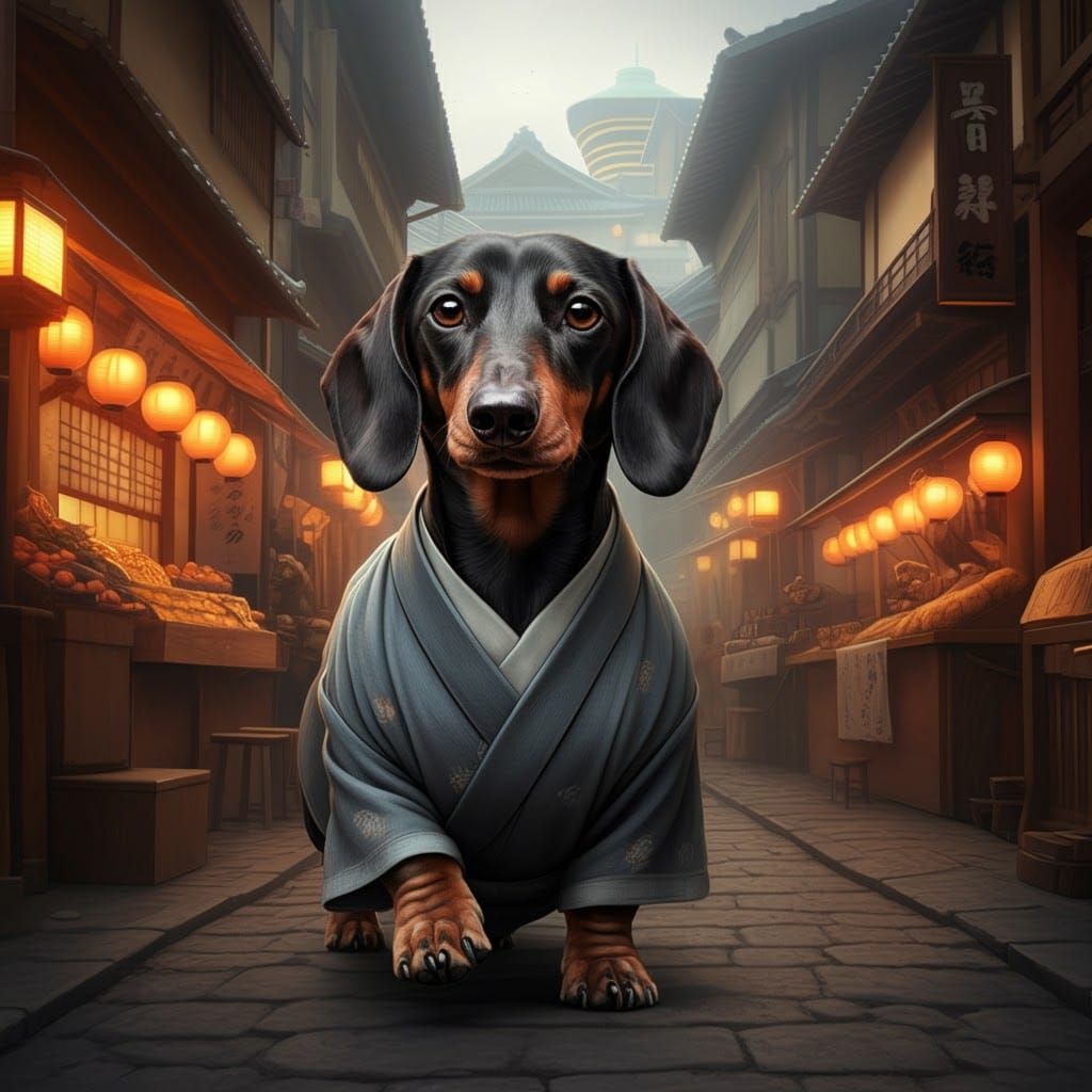 Dachshund in Osaka: Ghibli-Inspired Concept Art
