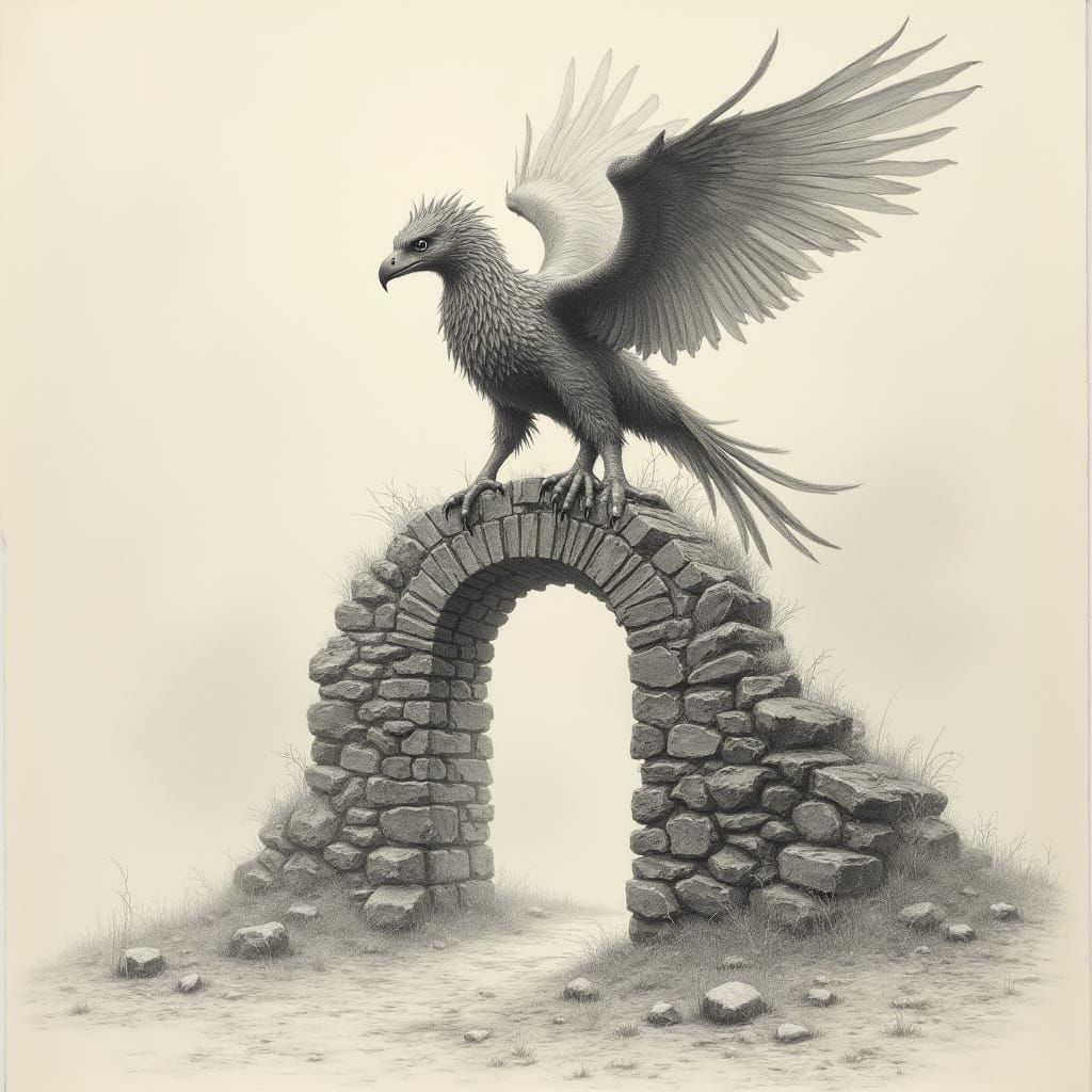 Pencil Drawing of Griffin on Archway in Dreamlike Mist