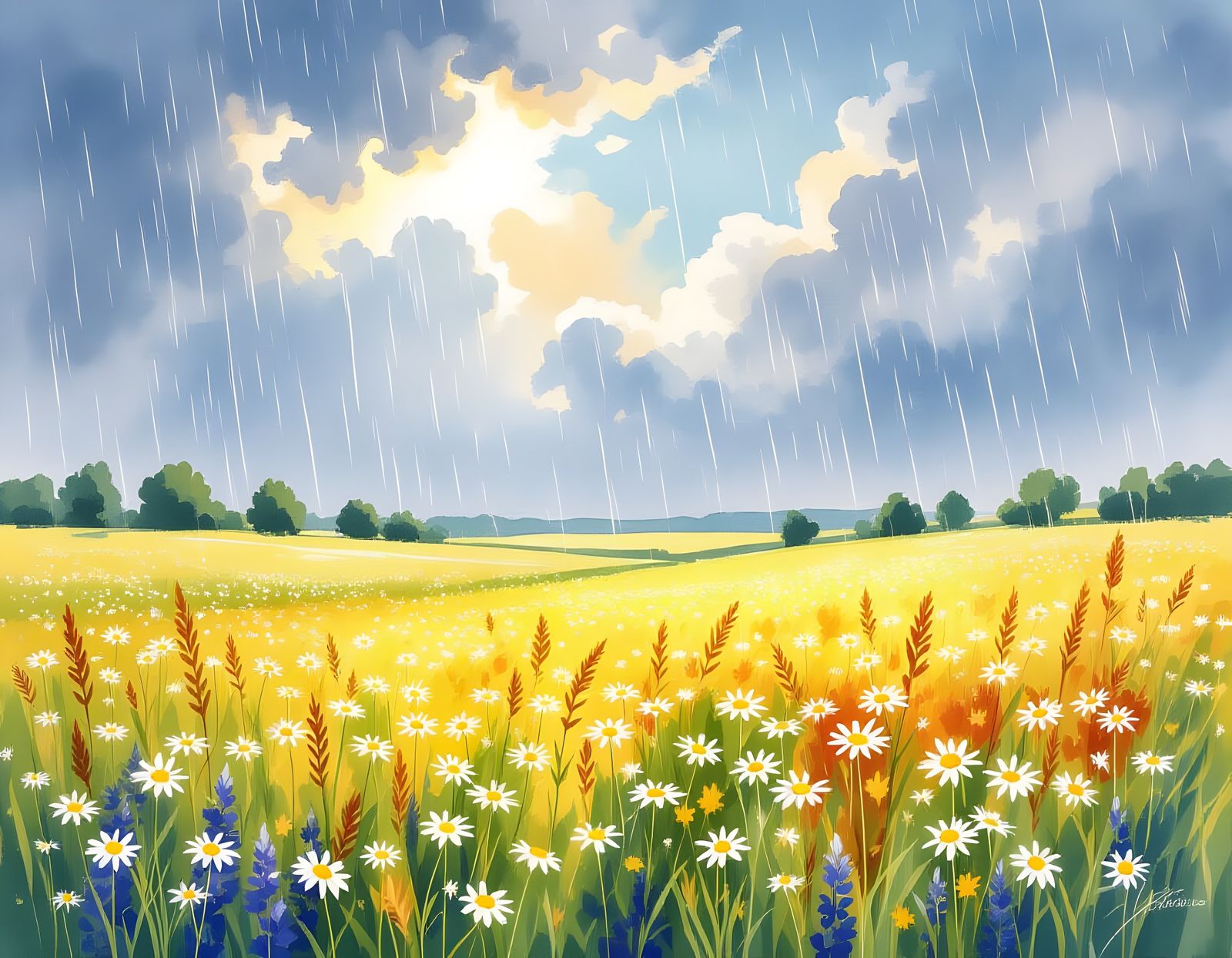 Wildflower Meadow in Rain, Watercolor Dreamscape