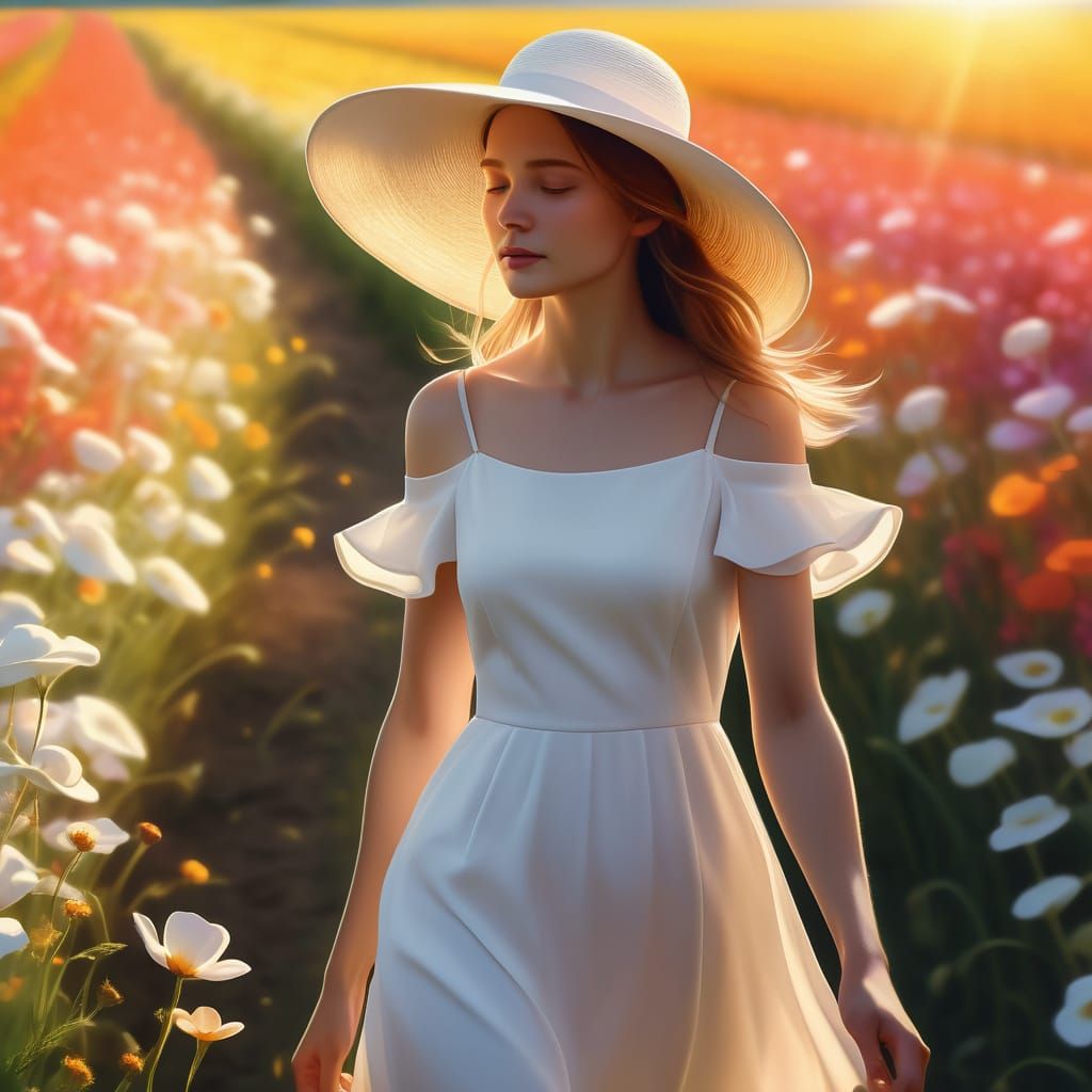 Woman Strolls Through Vibrant Field of Flowers in Idyllic Di...