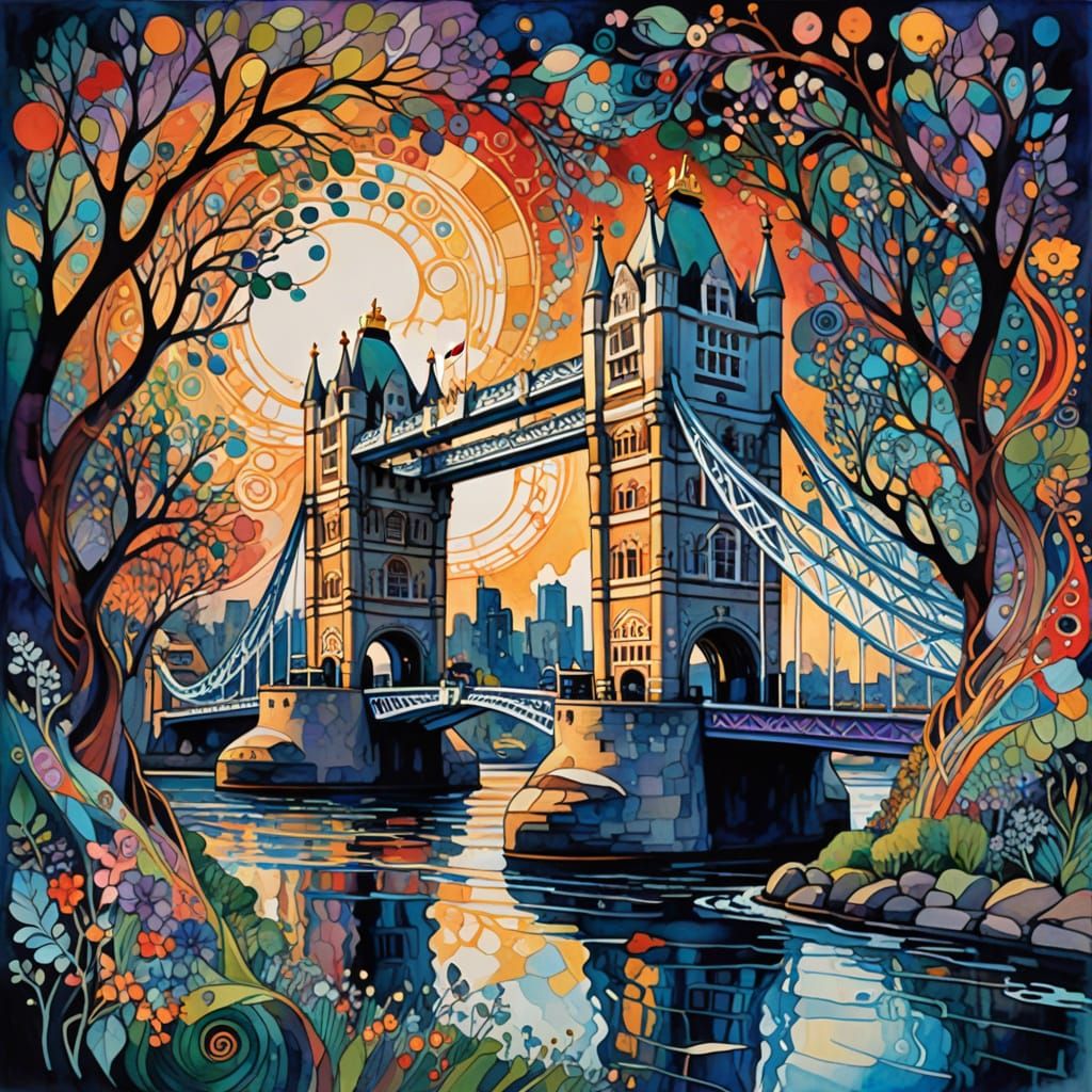 Tower Bridge in Abstract Ink and Watercolor Style