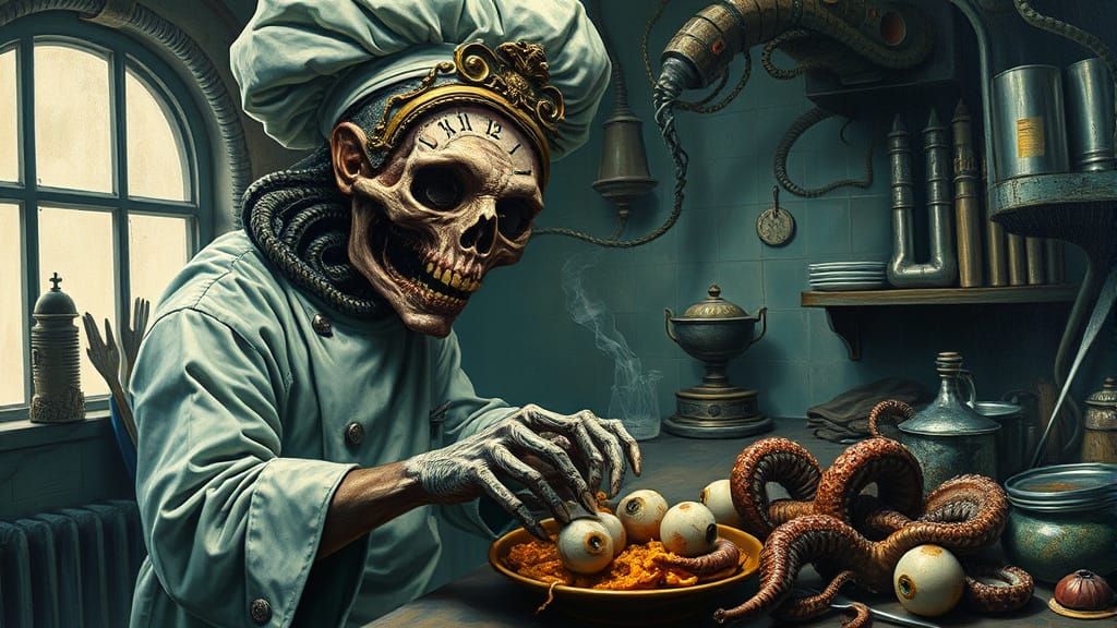 Clockwork Skull Chef Prepares Grotesque Meal