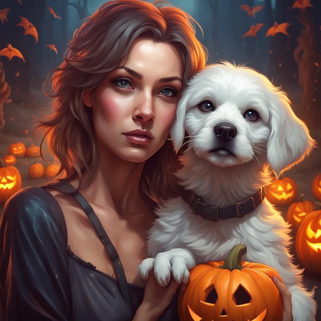 Halloween Portrait of Woman and Puppy