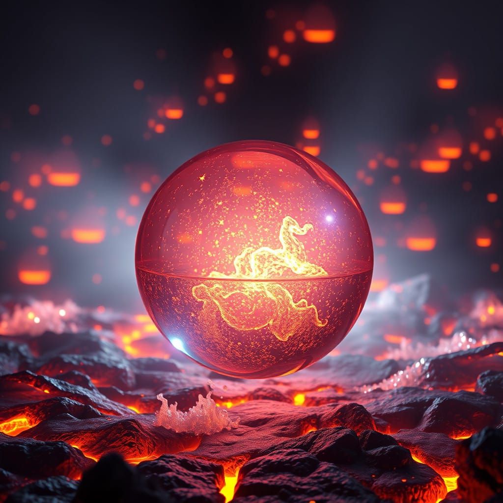 Glowing Water Sphere in Turbulent Lava