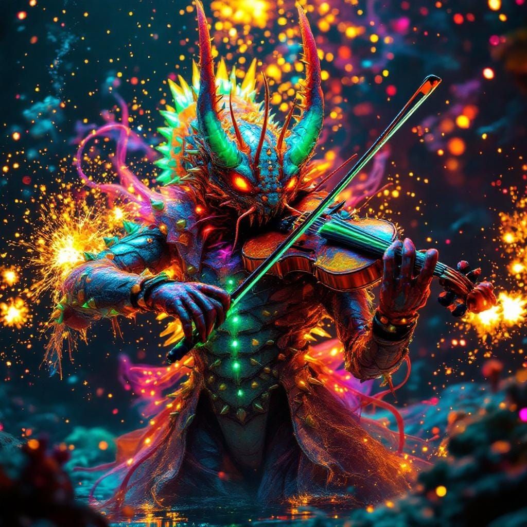 Humanoid Lobster Hybrid Plays Violin in Underwater Scene