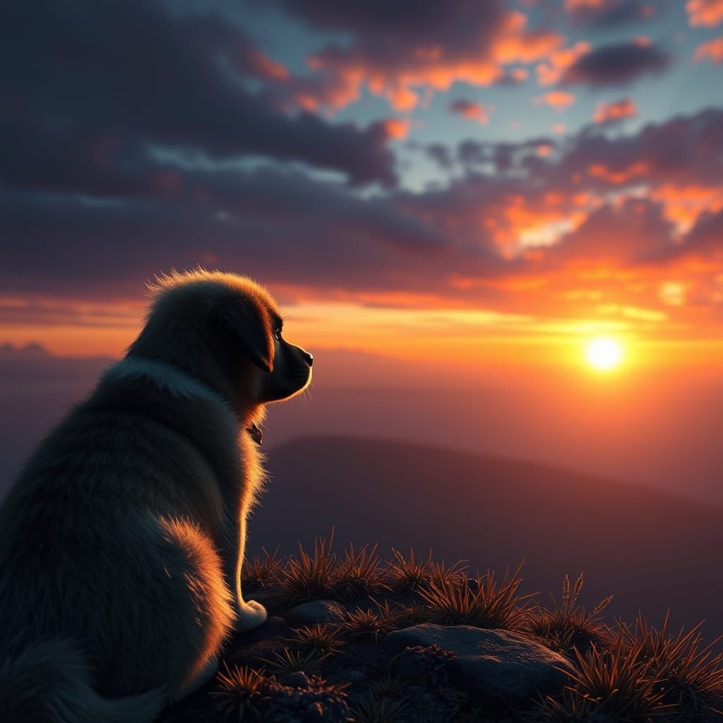 Fantastical Puppy Watches Sunrise in Vibrant Colors