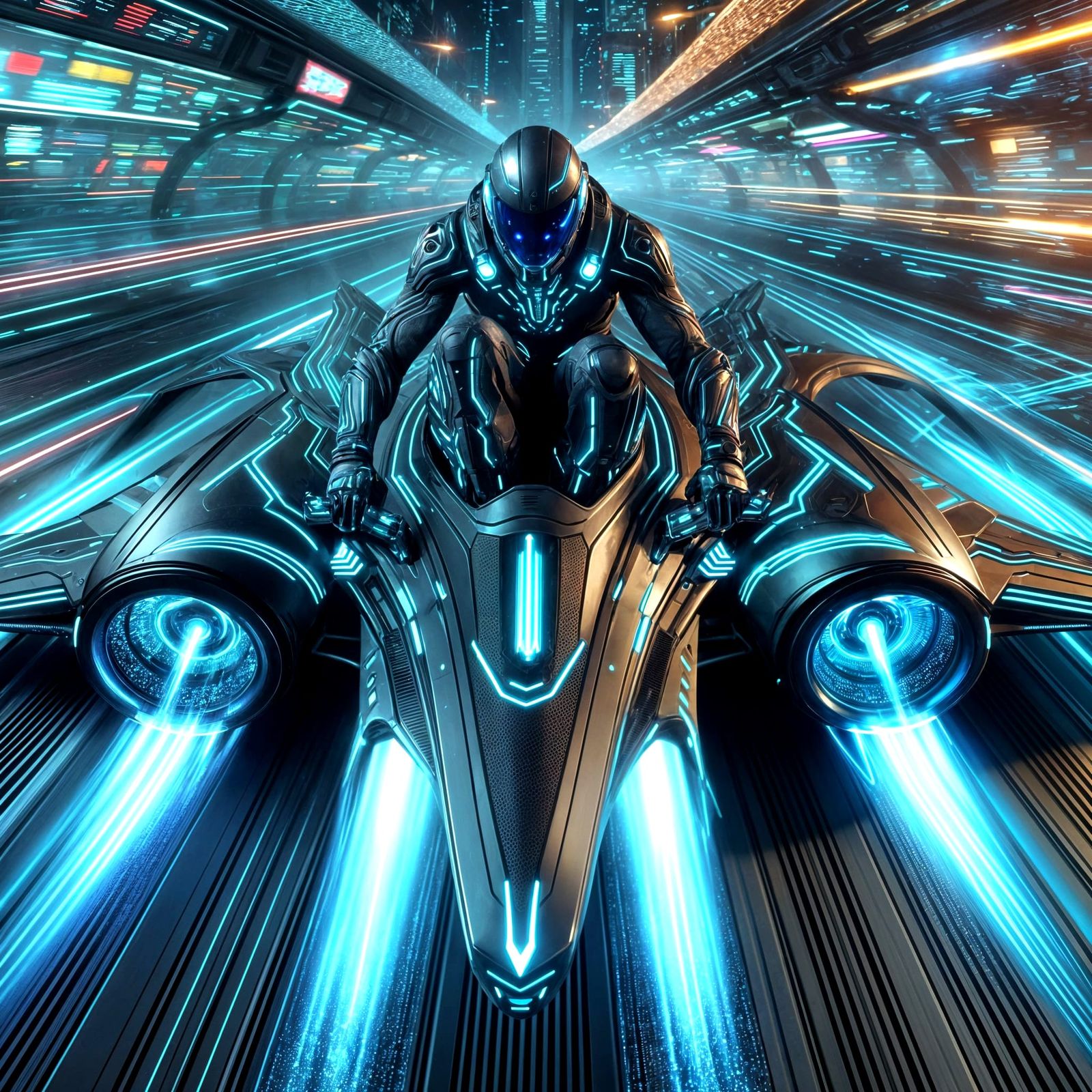 Futuristic Starship Race in Cyberpunk Cityscape