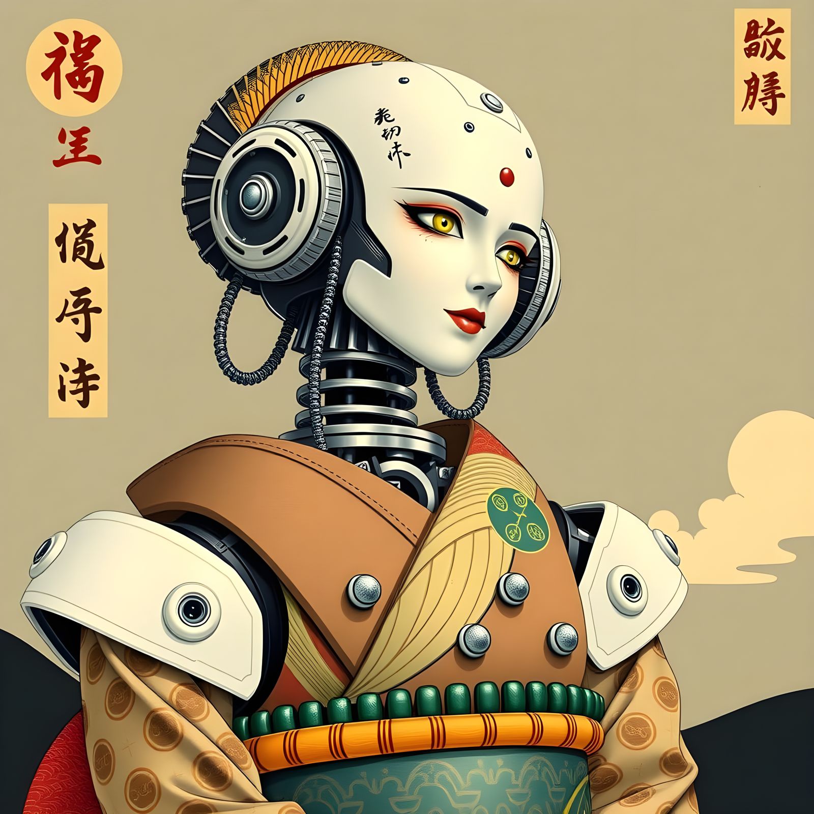 Japanese Geisha Robot in Ukiyo-e Style