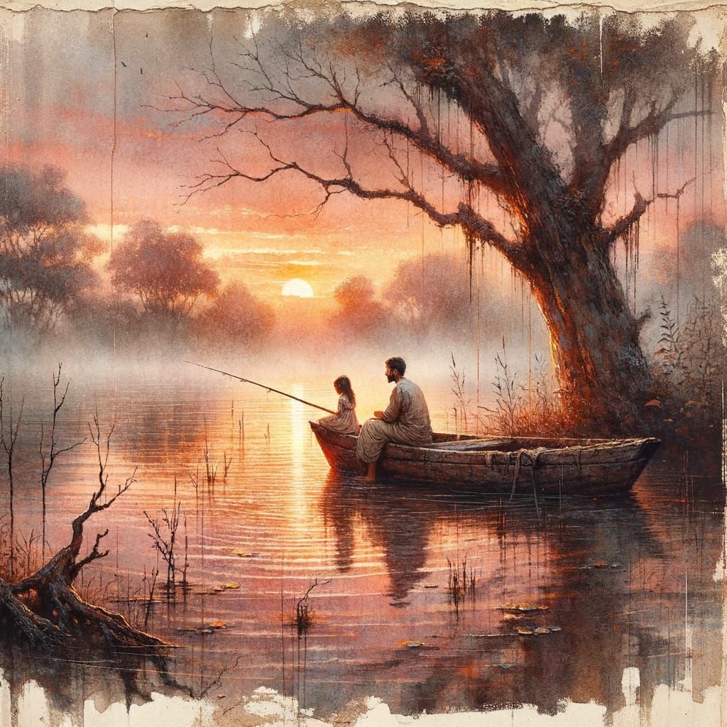 Father and Daughter Fishing at Sunset: Watercolor Impasto