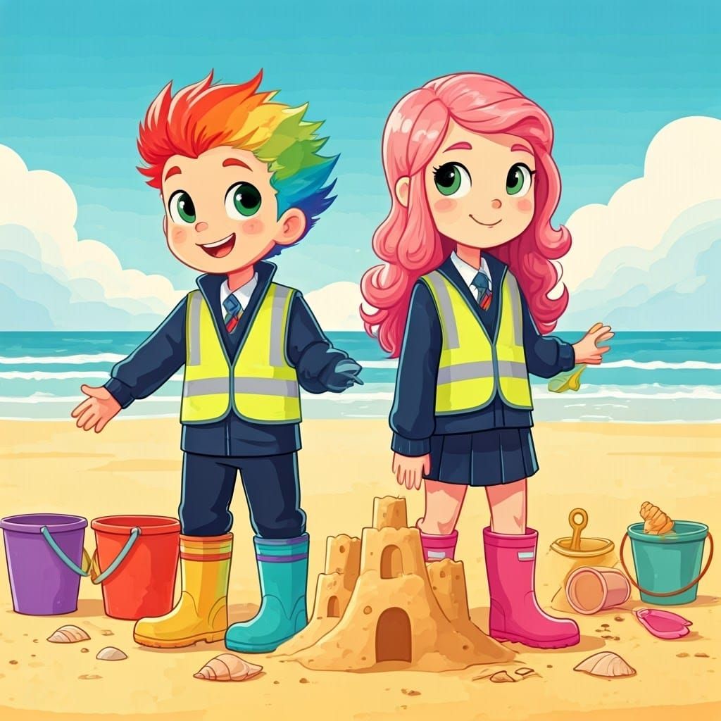 Boys Building Sandcastle in Children's Book Illustration Sty...