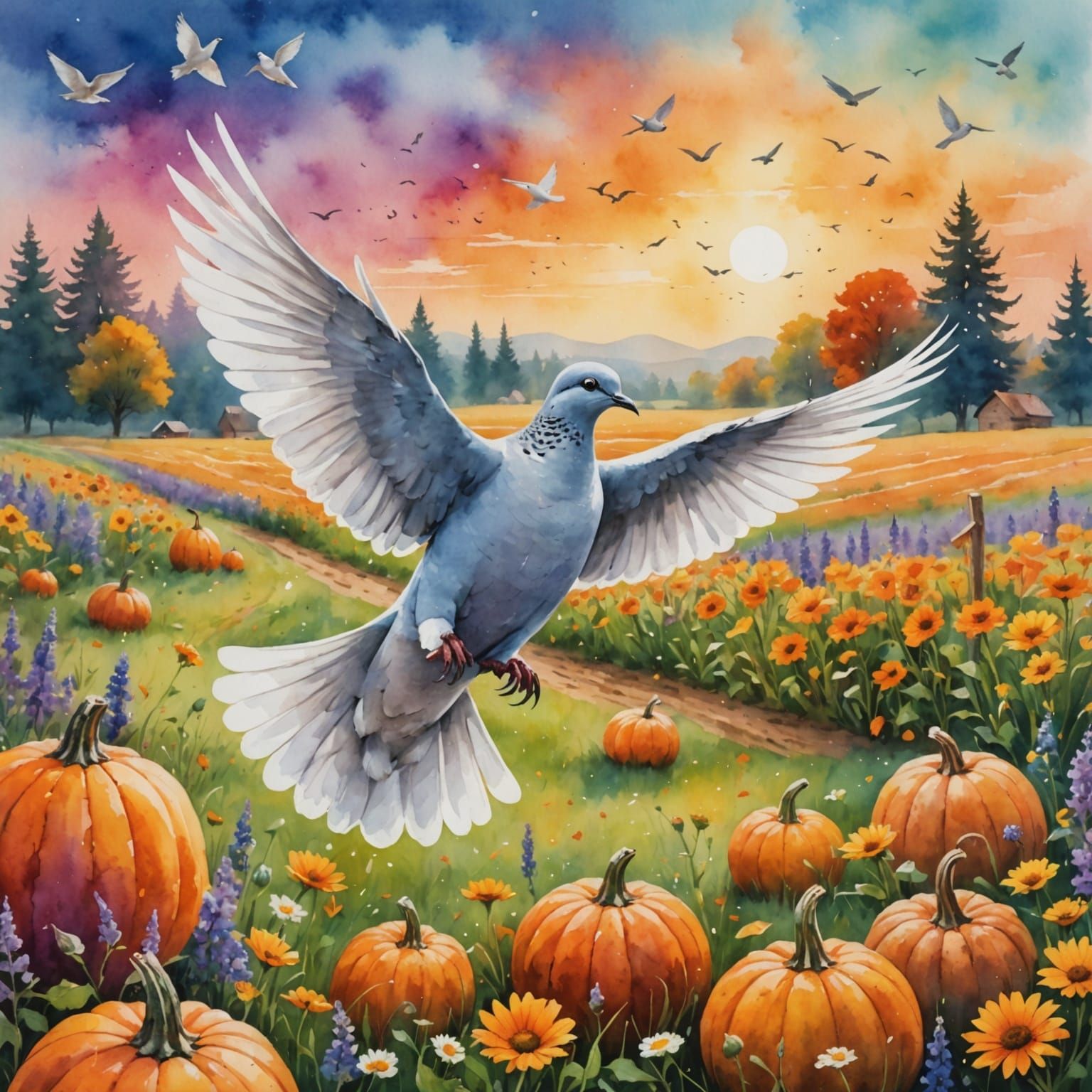 Majestic Dove Flies Over Watercolor Meadow with Pumpkins