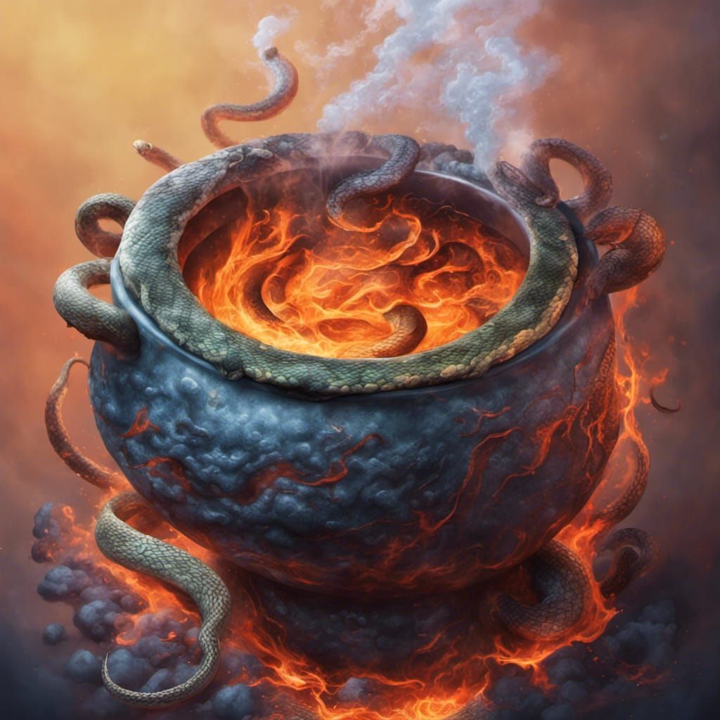 Steaming Cauldron Bubbling with Snakes: Hyperrealistic Splas...