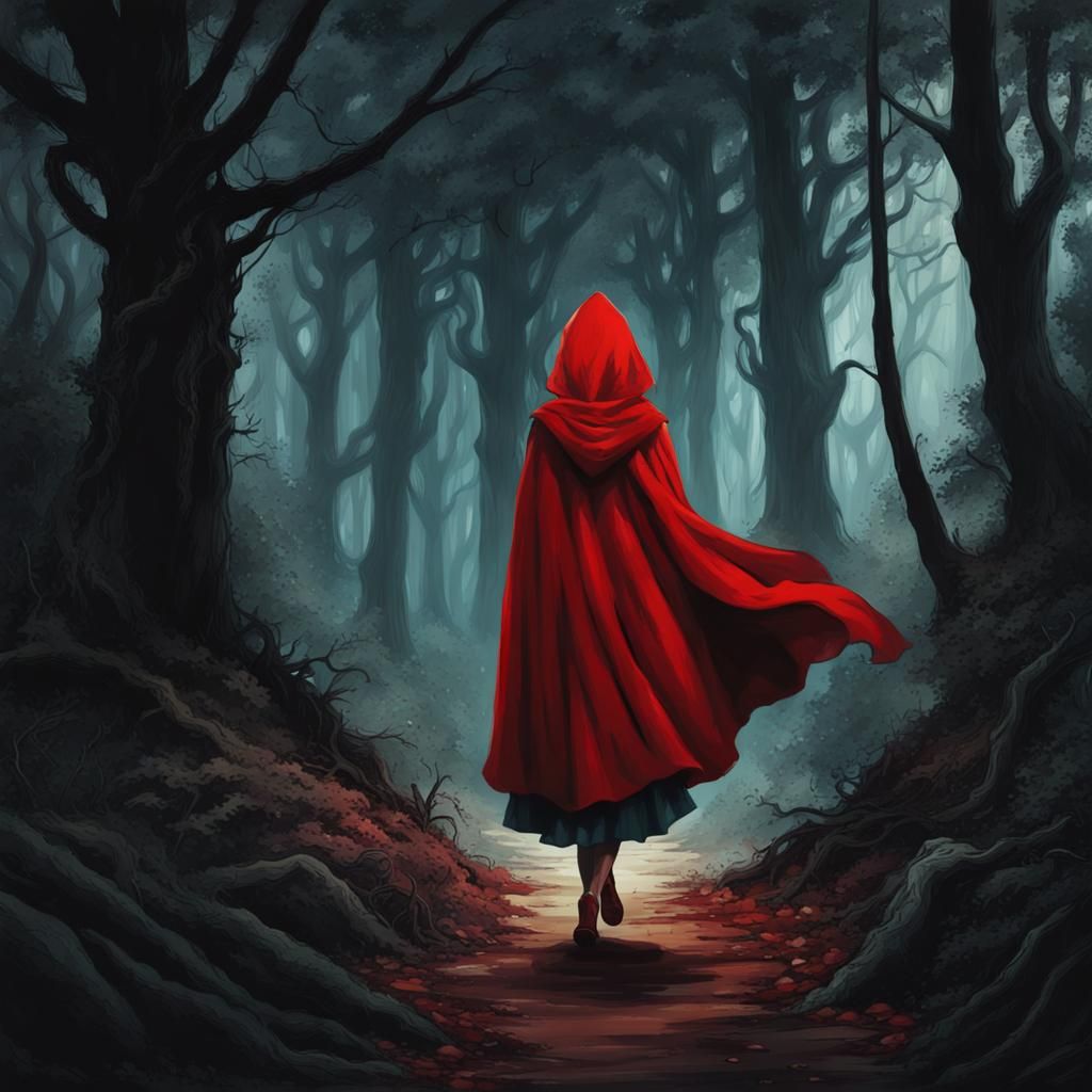 Girl in Red Cape in Dark Forest Illustration