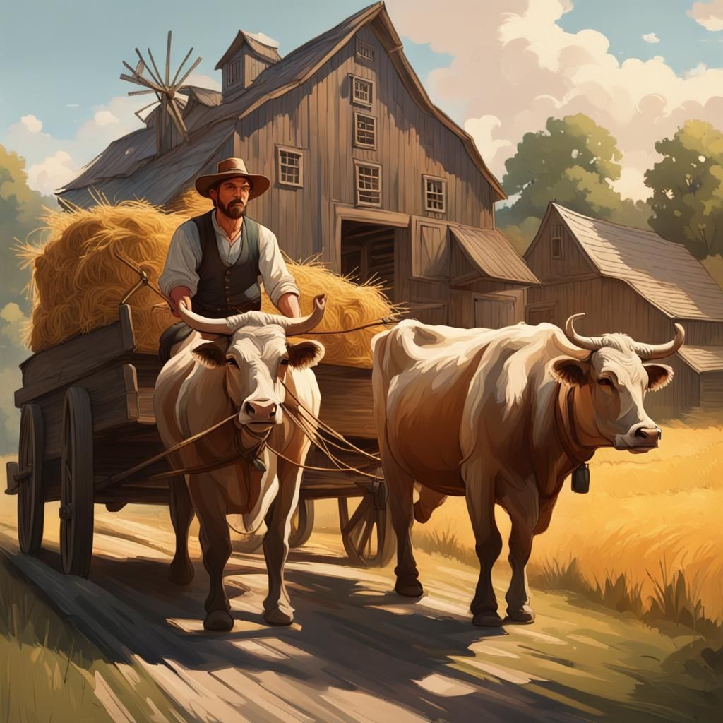 Oxen Hauling Wagon to Grist Mill, 1700s Style