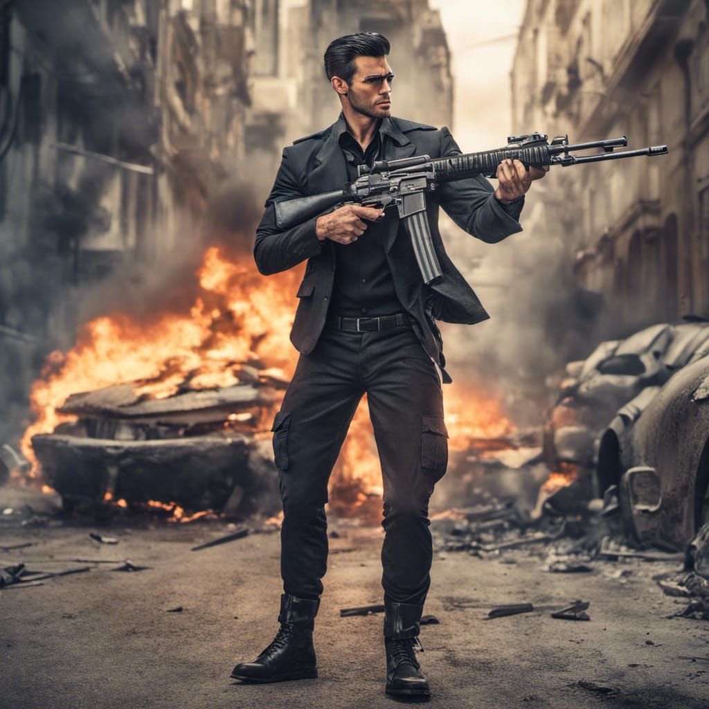 Handsome Secret Agent in Burning City, Hyperrealistic